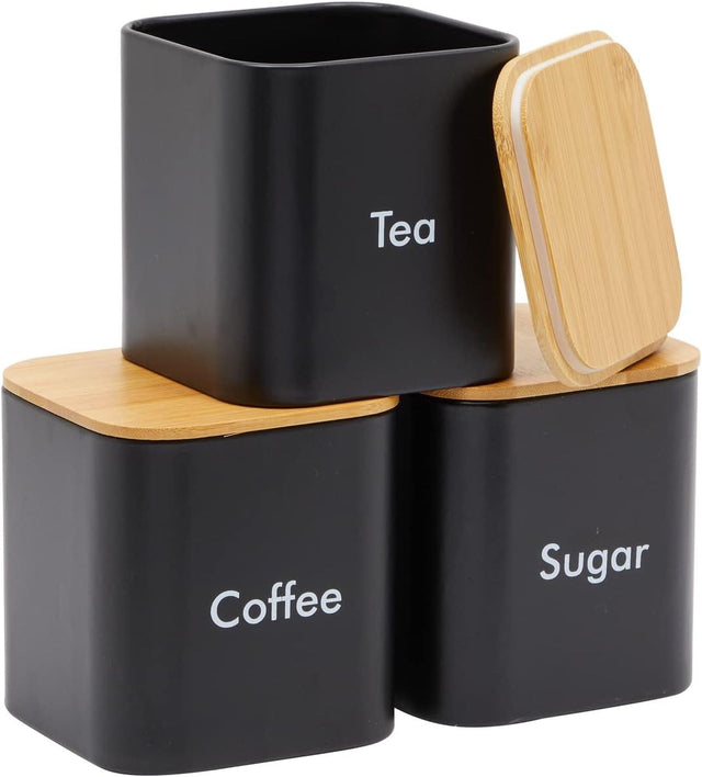 3 Piece Square Kitchen Canister Set with Bamboo Lids – Tea Coffee Sugar Storage Containers
