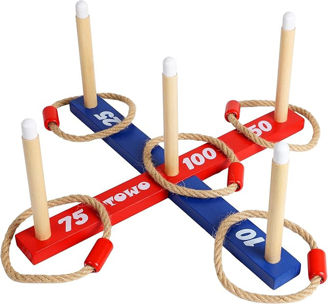 Classic Wooden Quoits Ring Toss Game Set with Rope Rings for Indoor & Outdoor Family Fun