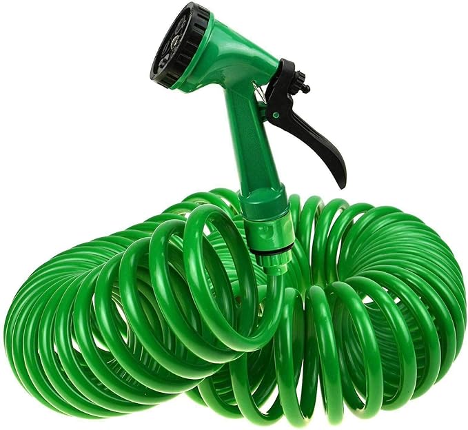 50ft Professional Coil Garden Hose – 15m Retractable Kink-Resistant Hose with Brass Fittings & 5-Function Spray Gun