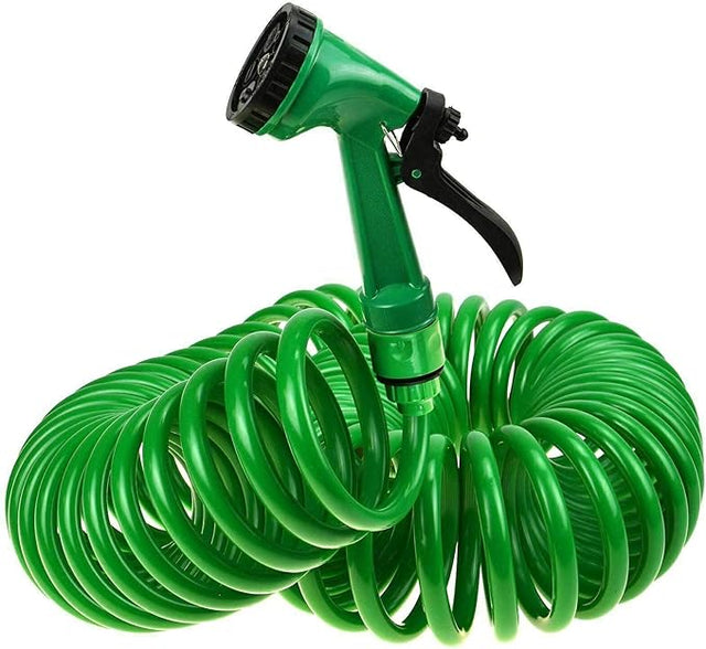 50ft Professional Coil Garden Hose – 15m Retractable Kink-Resistant Hose with Brass Fittings & 5-Function Spray Gun