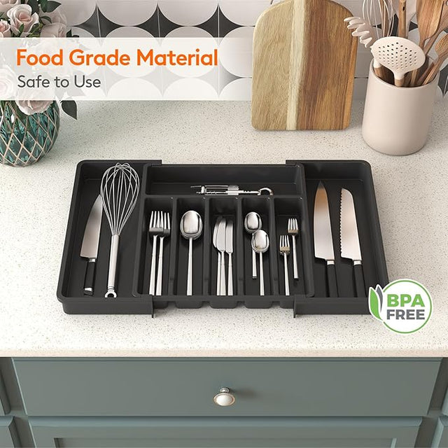 Expandable Kitchen Cutlery Tray – Adjustable Tableware Organizer & Retractable Storage Tray (Black)
