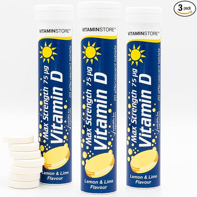 Vitamin Store High Strength Vitamin D Effervescent Tablets (3 Packs of 20) – 75µg Lemon & Lime Immune Support