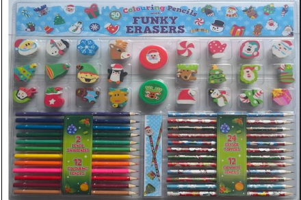 50pcs Quality Pencils with Funky Erasers + 2 Sharpeners – Christmas Theme Stationery Set
