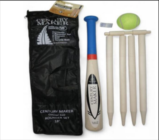 Complete Rounders Set with 18” Wooden Bat, 4 Stumps, Bail, and Ball – Premium Quality Family Garden Sports Set with Mesh Carry Bag