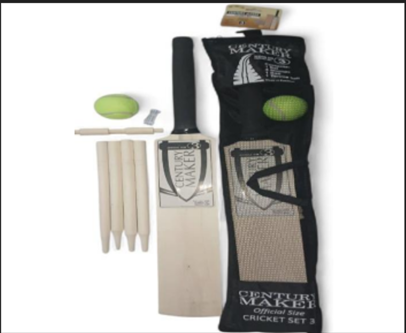 Size 3 Complete Kids Cricket Set – Wooden Bat, 4 Stumps, Bail & Ball with Mesh Carry Bag (Made in Pakistan)