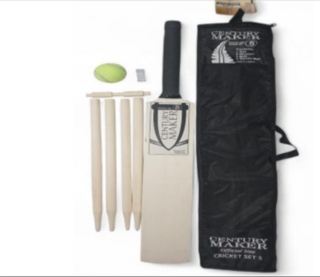 Size 5 Complete Youth Cricket Set – Wooden Bat, 4 Stumps, Bail & Ball with Mesh Carry Bag (Made in Pakistan)