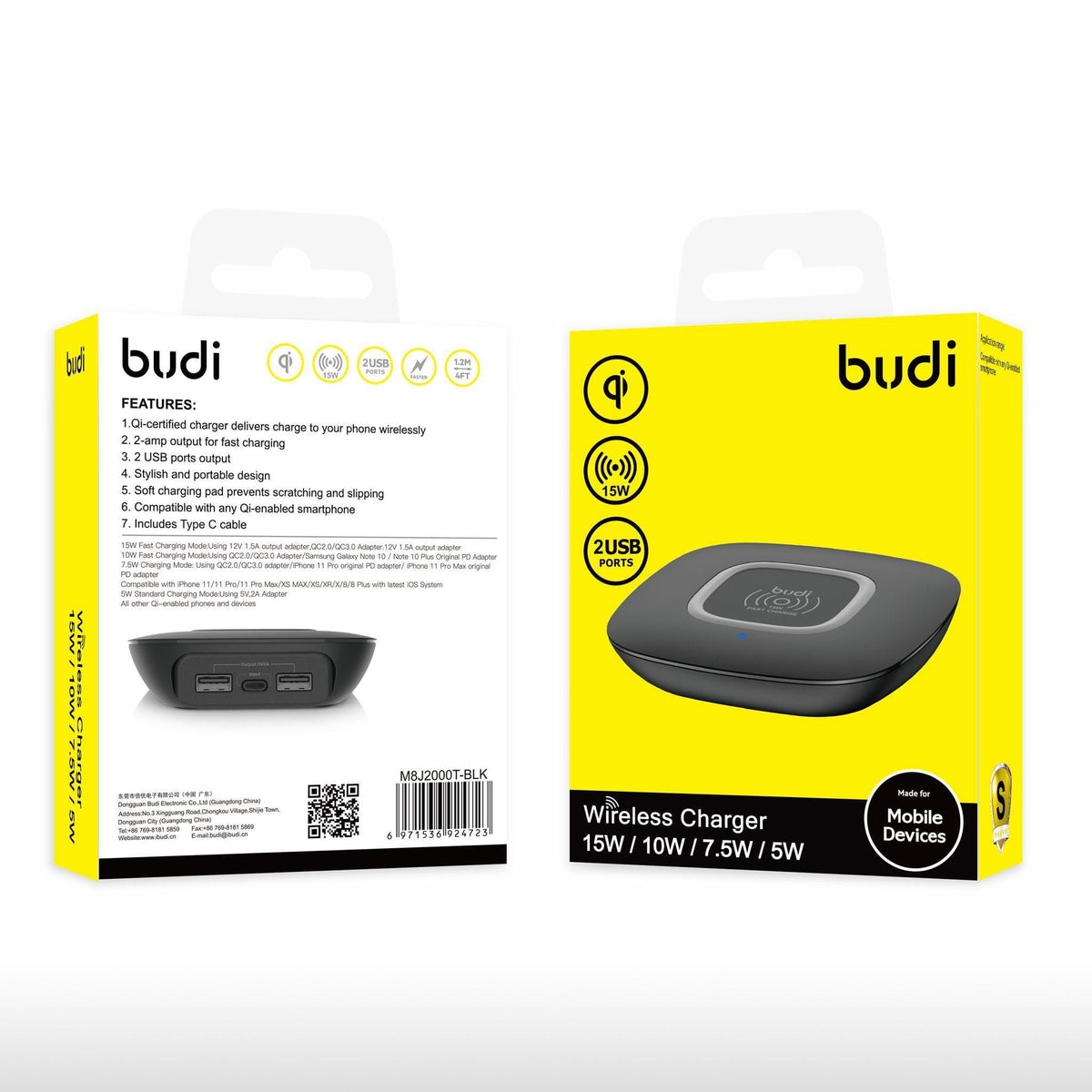 Budi 15W Multi-Speed Qi-Certified Wireless Charging Pad with Dual USB Ports & Type-C Cable