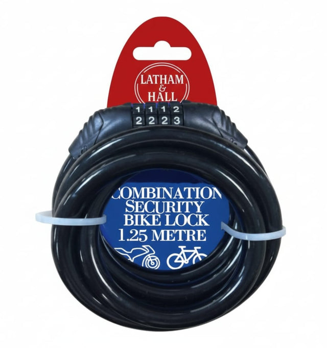 Latham & Hall Heavy-Duty Combination Security Bike Lock (1.25 Meters) – Resettable Keyless Cable Lock
