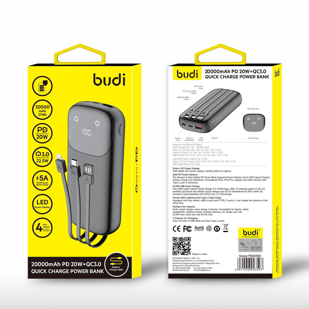 Budi 20000mAh Ultra-Capacity 22.5W Quick Charge Power Bank with Built-in Cables & Smart LED Display