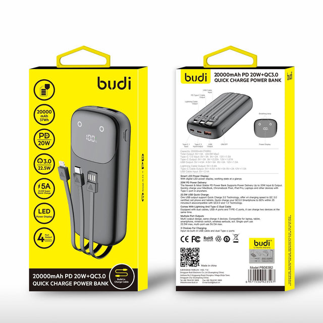Budi 20000mAh Ultra-Capacity 22.5W Quick Charge Power Bank with Built-in Cables & Smart LED Display
