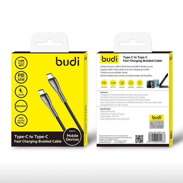 Budi 65W Type-C to Type-C Ultra-Fast Charging Braided Cable with Zinc Alloy Connectors (1.2M / 4FT)