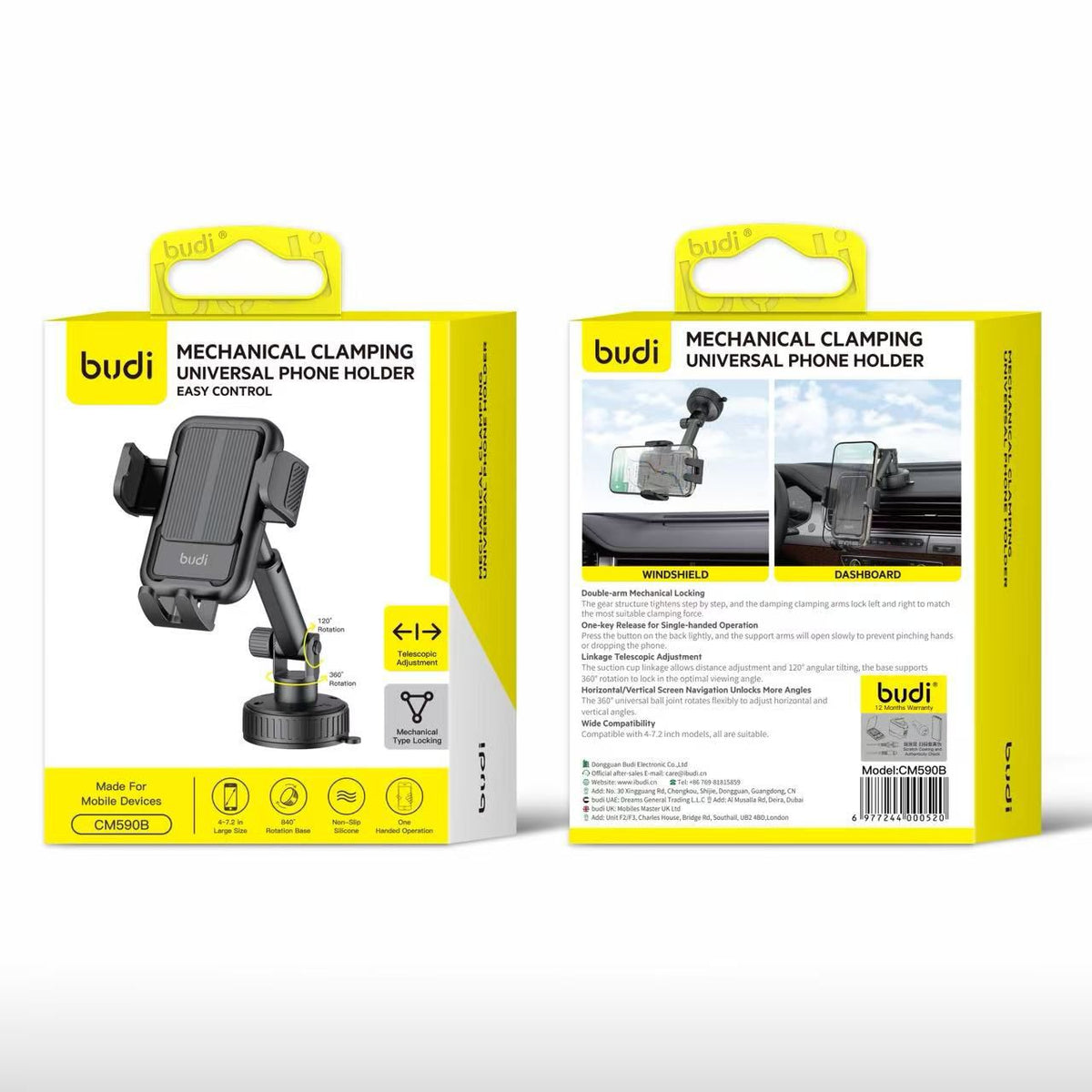 Budi Mechanical Clamping Universal Car Phone Holder with Telescopic Arm & Suction Cup Mount