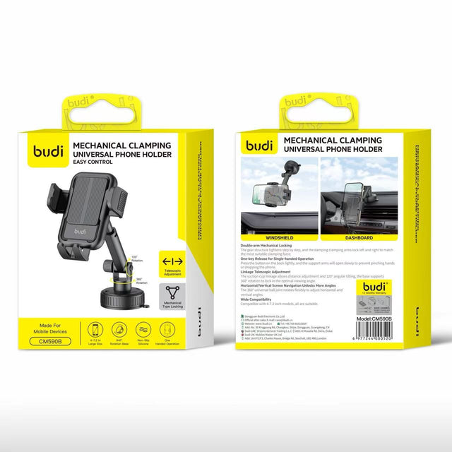 Budi Mechanical Clamping Universal Car Phone Holder with Telescopic Arm & Suction Cup Mount