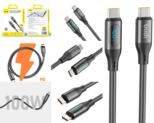 Budi 100W USB-C to USB-C Premium Liquid Silicone Gel Cable with Intelligent LED Power Display (1.2M)