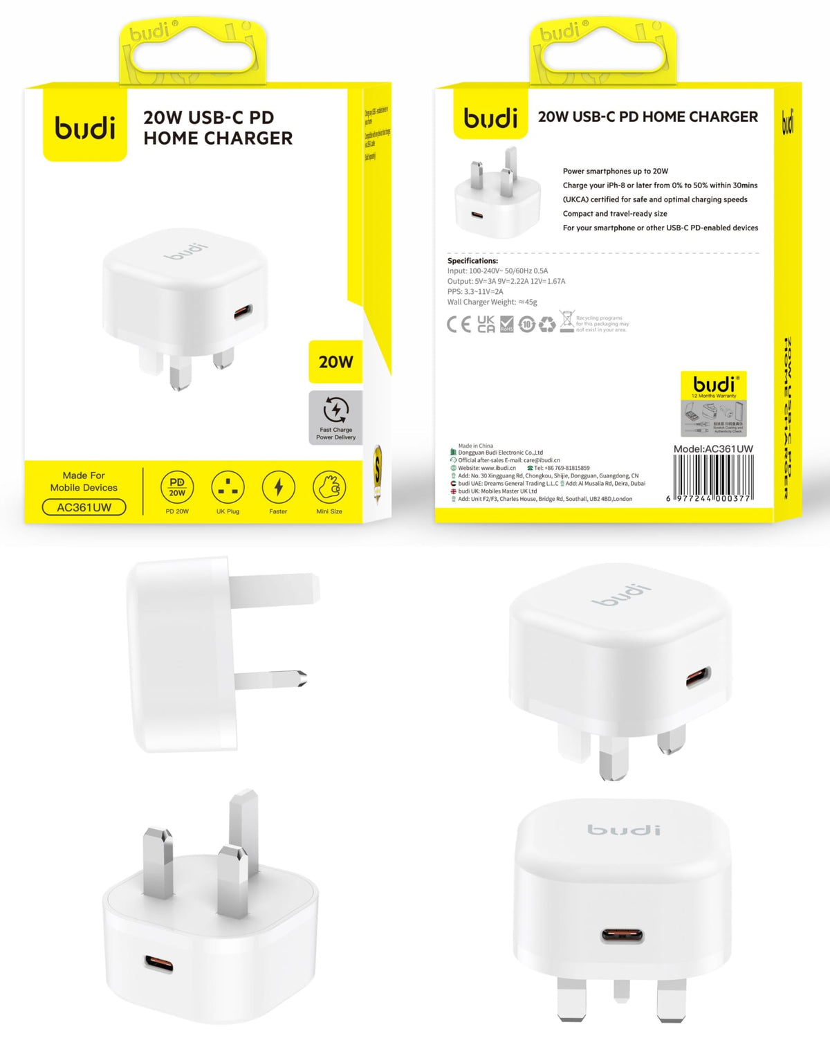 Budi 20W USB-C Power Delivery Fast Wall Charger – Premium Super Compact Home Charging Adapter