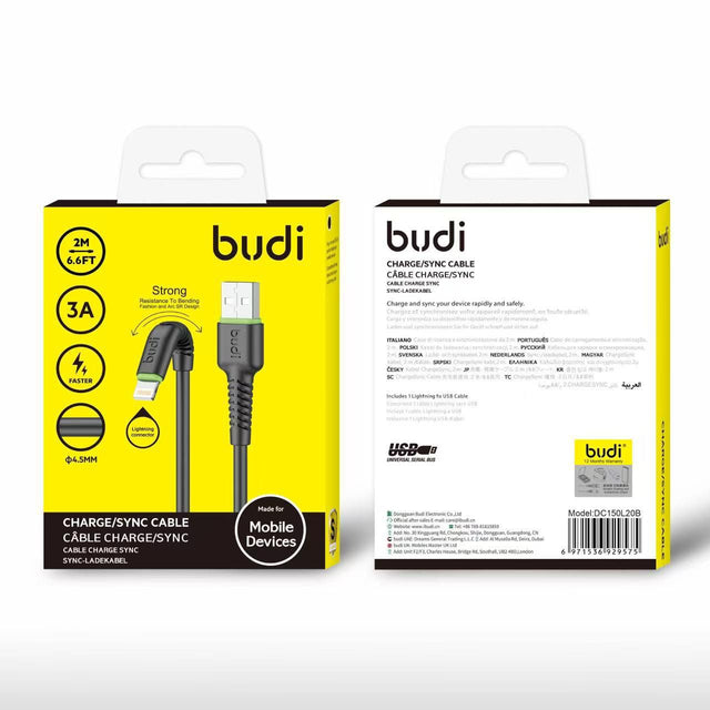 Budi 90° Right Angle Lightning to USB Charge & Sync Cable – Heavy-Duty 2M (6.6FT) Gaming & Commuter Cord