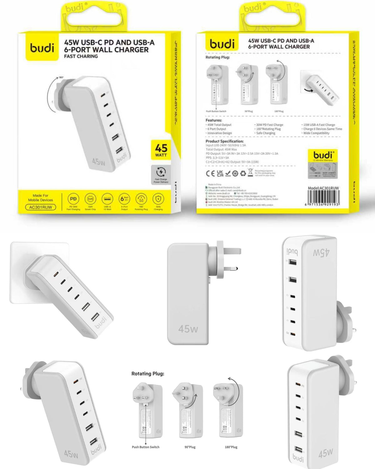 Budi 45W 6-Port Smart Desktop Wall Charger – USB-C Power Delivery & USB-A Multi-Device Fast Charging Station