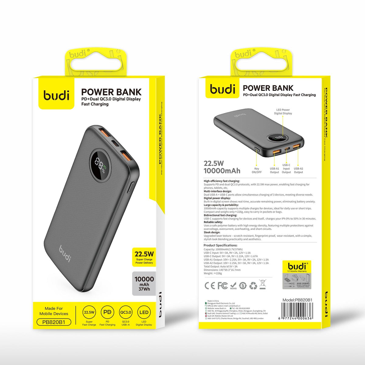 Budi 10000mAh Ultra-Compact Fast Charging Power Bank – Pocket-Friendly Power Delivery (PD) Backup Batter