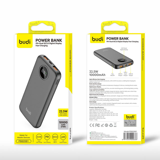 Budi 10000mAh Ultra-Compact Fast Charging Power Bank – Pocket-Friendly Power Delivery (PD) Backup Batter