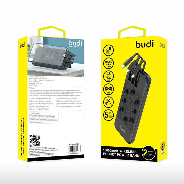 Budi 10000mAh Wireless Pocket Power Bank – Compact Magnetic Snap-On Portable Backup Battery