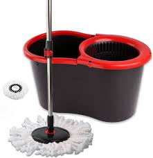 Deluxe Stainless Steel Spin Mop System – Foot Pedal Operated Bucket with 2 Microfiber Heads (Black/Red)