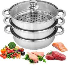 3 Tier Stainless Steel Steamer Pot Set with Glass Lids – 4 Piece Steam Cooker 25CM