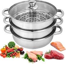 3 Tier Stainless Steel Steamer Pot Set with Glass Lids – 4 Piece Steam Cooker 25CM