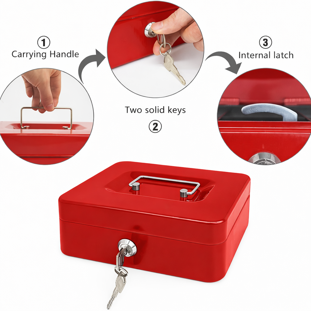 Red Steel Cash Box with Keys & Coin Tray